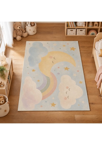 Kartela Halı Ay Ve Bulut Çocuk Oyun Halısı Kaymaz Dot Taban Yıkanabilir 60 X 90 Cm