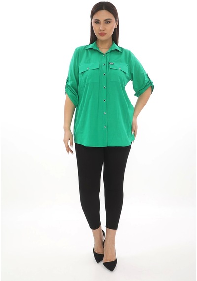 Lady Majestic %100 Cotton Büyük Beden Natural Gömlek - Zümrüt Yeşili