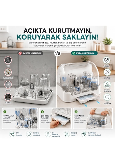 Kapaklı Bulaşıklık Biberon Kurutucu Ve Saklama Kutusu Toz Geçirmez Mutfak Bulaşık Kurutmalığı Çekmeceli Su Tahliyeli Çok Amaçlı Kurutma Rafı Beyaz