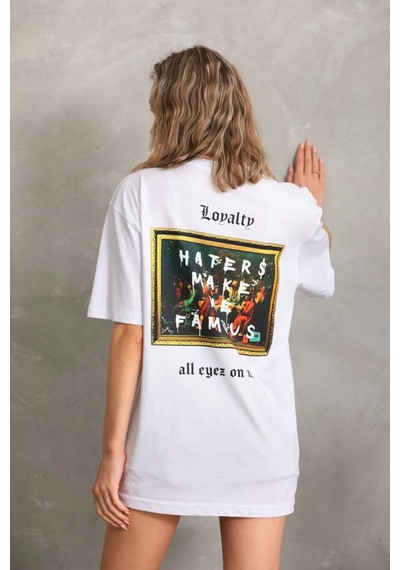 Primemagazam Kadın Ön Ve Arka Baskılı Oversize Kısa Kol T-shirt - Beyaz Çeşitli