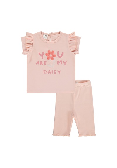 Civil Baby Yazı-çiçek Baskı Nakış 6-18 Ay Takım - Pudra Somon