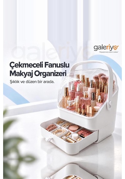Fanuslu Çekmeceli Makyaj Organizeri Şeffaf Kapaklı Masaüstü Kozmetik Düzenleyici Beyaz Açık Beyaz