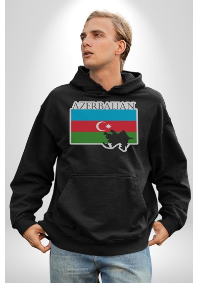 Azerbeycan Bayrak Ülke Kadın Erkek Siyah Kapüşonlu Sweatshirt Hoodie Siyah