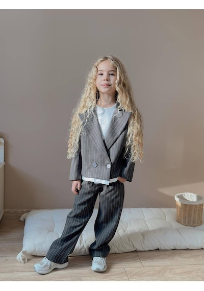 Miniko Kids Kız Çocuk Poliviskon Çizgili Blazer Ceket Pantolon Dokuma Kumaş Takım Füme