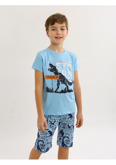 Vitmo Erkek Çocuk Kısa Kollu Kapri %100 Pamuklu Pijama Takımı Trainer Mavi