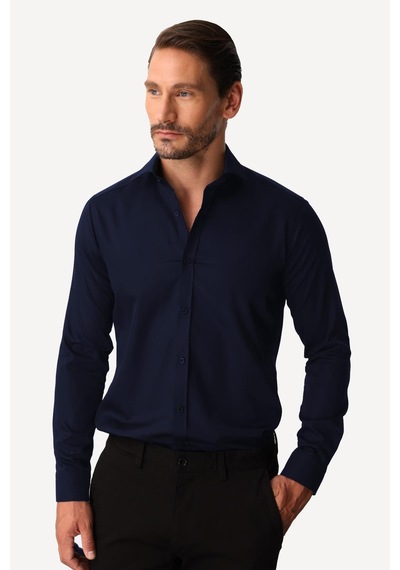 Igs Lacivert Slim Fit Dar Kalıp Klasik Yaka Düz Uzun Kollu Cepsiz %100 Pamuk Non Iron Ütü İstemeyen Gömlek -20002