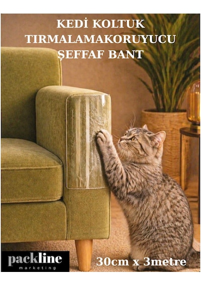 Packline Marketing Kedi Koltuk Tırmalama Koruyucu Şeffaf Yapışkanlı Mobilya Tırmalama Önleyici Bandı 30cm X 3metre