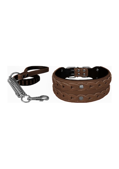 Markapet Elegance Deri İşlemeli Lüks Köpek Tasma Seti XL 7 x 60-68 CM Kahverengi
