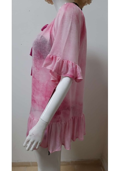 Mayomer Kadın Pembe Batik Desenli Mayo Üstü Elbise Plaj Elbisesi Pareo Pembe