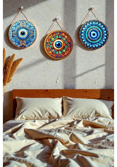 Nazar Boncuğu Kristal Mdf İpli Tablo Seti, 3 Lü Modern Duvar Dekoru, Salon, Oturma Odası, Ev İçin