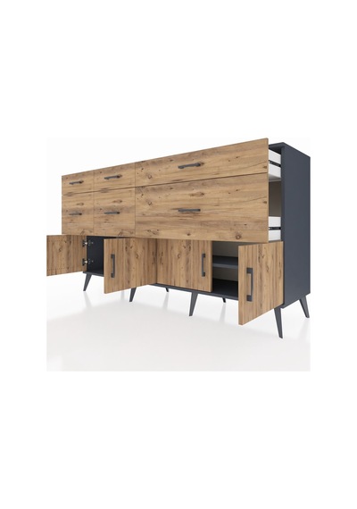 Kronos Konsol Tek Raflı 6 Çekmeceli 4 Kapaklı 176x59x99 Antrasit- Antrasit-çam