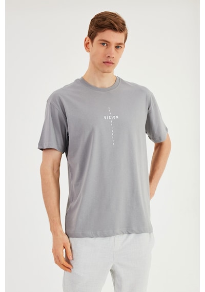 Leo Erkek Oversize Tshirt %100 Pamuk Bisiklet Yaka Baskı Detaylı Basic Tişört Mtlce87 Gri