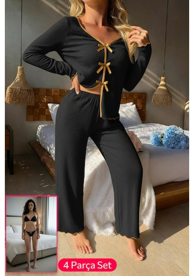 Moda Dua Kadın Siyah Fiyonklu İç Çamaşırı Ve Uzun Kollu V Yaka Pijama Takımı 4'lü Set