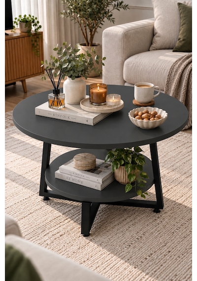 Yuvarlak Orta Sehpa 69,5 Cm İki Katlı Raflı Metal Ayaklı Modern Dekoratif Salon Sehpası Antrasit Yuvarlak Orta Sehpa 69,5 Cm İki Katlı Raflı Metal Ayaklı Modern Dekoratif Salon Sehpası Antrasit