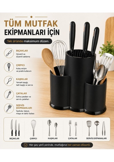Tezgah Üstü Bölmeli Bıçaklık - Kaşık Kepçe Bıçak Standı Mutfak Düzenleyici Organizer Kaşıklık Siyah S-10137