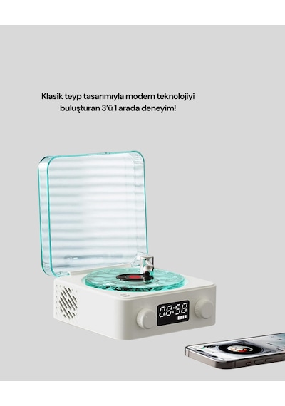 Bluetooth Hoparlör 3-ü-1 Saatli Gece Lambası Ve Vintage Tasarım -
