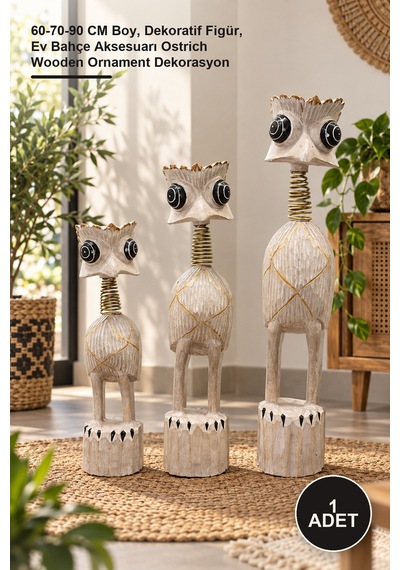 1 Adet Ahşap 3'lü Deve Kuşu Dekor Seti 60-70-90 Cm Boy, Dekoratif Figür, Ev Bahçe Aksesuarı Ostrich Wooden Ornament Dekorasyon Diğer