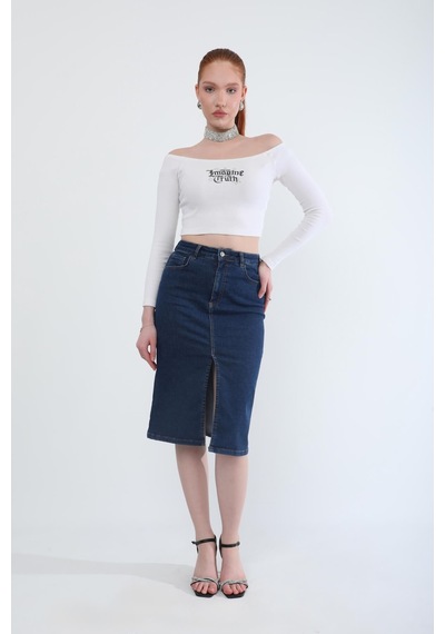 Banny Jeans Önden Yırtmaçlı Likralı Midi Jean Etek Koyu Mavi