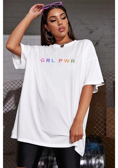 Tarzsokak Grlpwr Baskı Oversize T-shirt Beyaz