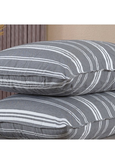 Pamuklu İpliği Boyalı Yıkamalı Kapaklı Yastık Kılıfı 2 Li Set 50x70 Cm Çift İğne Detaylı Gri - Beyaz