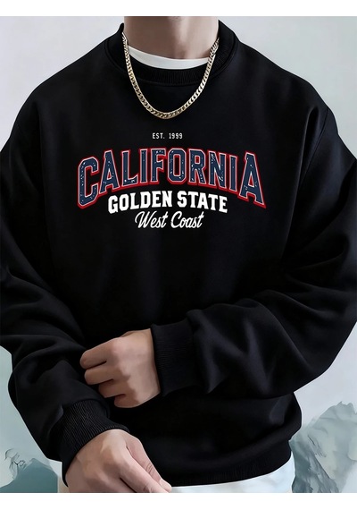 Startmore Tarzsokak California Golden State Baskılı Erkek Kazak Kış Bisiklet Yaka Kapşonlu Sokak Polar Sıcak Gevş Siyah