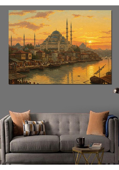 Osmanlı Gün Batımında İstanbul Silueti Dekoratif Kanvas - Mdf Ahşap Tablo