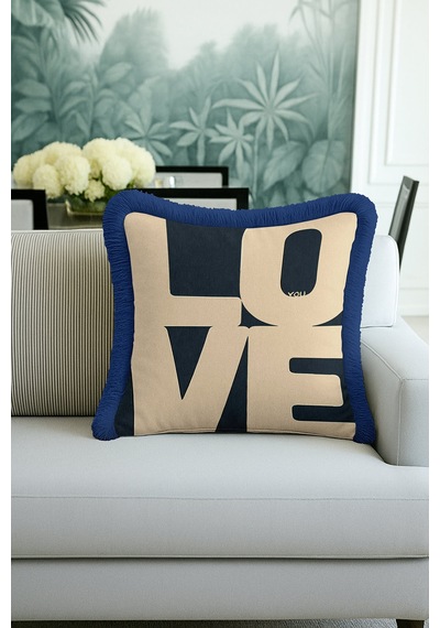 Love Modern Lüx Saçaklı Yastık Kılıfı-navy Geometrik Mavi Bej Kombinasyonlu Püsküllü Kırlent Kılıfı Çok Renkli
