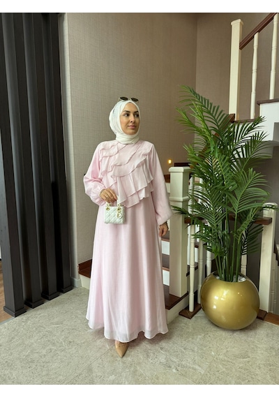 Şık Tasarım Pudra Pembe Volan Detaylı Uzun Elbise