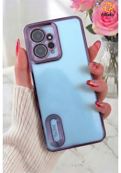 Fibaks Redmi Note 12 Uyumlu Kılıf Kamera Lens Korumalı Şeffaf Renkli Logo Gösteren Parlak Kapak Mor
