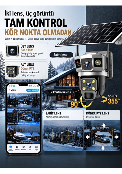 4g Sım Kartlı 6mp Solar Güvenlik Kamerası Çift Lens Ptz 360 Uzaktan İzleme Hareket Algılama Gece Görüşü Ip66 Dış Mekan Kamera