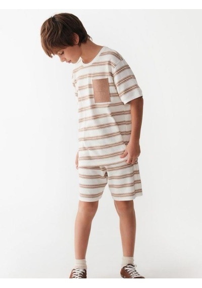 Nk Kids Çocuk Çizgili Triko Cepli T-shirt-14003-kahverengi Kahverengi