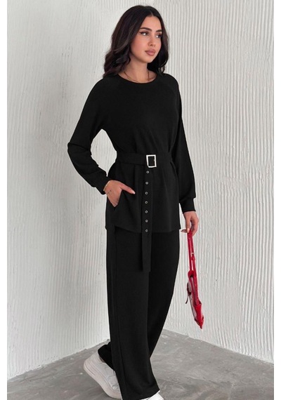 Ded Collectıon Kadın Modal Kumaş Kemer Detaylı Uzun Kollu Tunik Bol Paça Pantolon Takım Siyah Ded Collectıon Kadın Modal Kumaş Kemer Detaylı Uzun Kollu Tunik Bol Paça Pantolon Takım Siyah