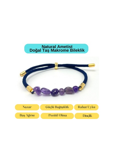 Sertifikalı Natural Ametist Doğal Taş Makrome Bileklik Ayarlanabilir Ölçü Mor