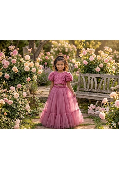 Star Kids Fashion Kız Çoçuk Gül Detaylı Crop Elbise, Kız Çocuk Mezuniyet Elbise Gülkurusu