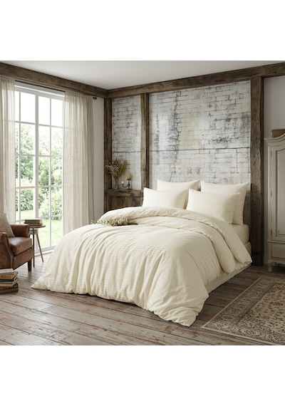 Goldroom Home Çizgili Pamuk Saten Çift Kişilik Nevresim Takımı Krem