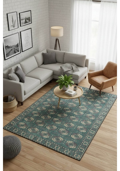 Artloop Relic Yeşil / Krem Vintage Dokulu Klasik Desenli Dokuma Tabanlı Şönil Halı Al 488 Yeşil - Krem