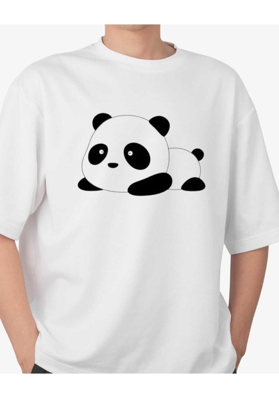 Panda Baskı Tekstil Yorgun Panda Tshirt Beyaz