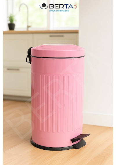 Vintage Krem Çöp Kovası Amortisörlü Kapak Çizgili Lüks Model 16lt Pembe