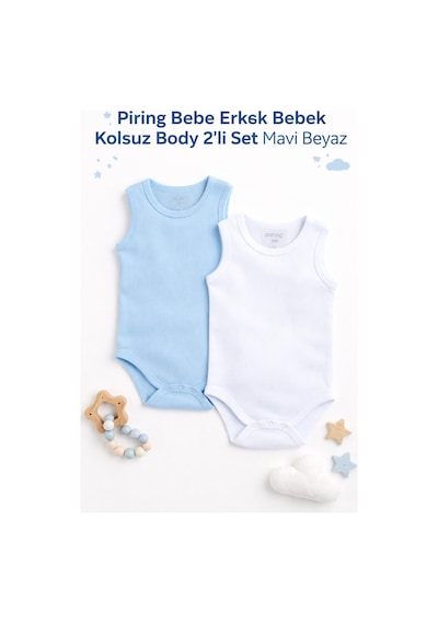 Pirinç Bebe Unisex Bebek Kolsuz Body 2 Li Set Mavi Beyaz Mavi - 833300319 Mavi
