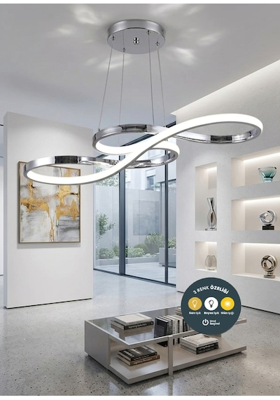 Infinity Krom Kıvrımlı Kumandalı Modern Led Avize 3 Renk Salon, Yemek Masası Ve Mutfak İçin Gümüş