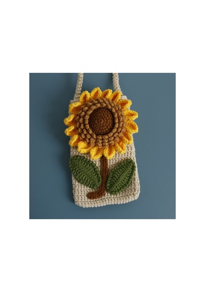 Melonndesign Ayçiçeği Motif Detaylı Handmade Örgü Telefon Çantası % 100 Cotton Trend Kadın El Çantası Sarı
