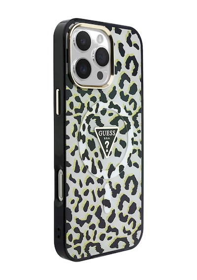 Apple Uyumlu iPhone 16 Pro Max Kılıf Guess Lisanslı M-safeli Üçgen Logolu Simli Leopar Desenli Kapak Siyah