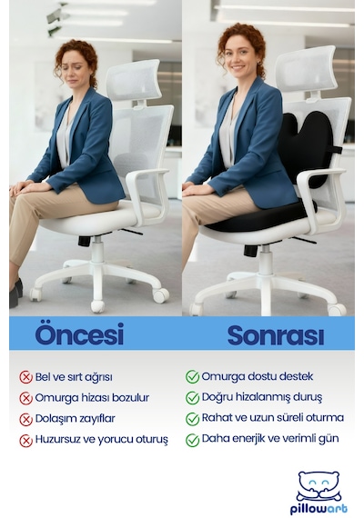 Kelebek Form Sırt Bel Yastığı Ve Oturma Minderi Visco Ergonomik Koltuk Destek Seti 2 Li Siyah