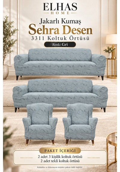 Jakarlı Kumaş Sehra Desen 3-3-1-1 Koltuk Örtüsü Çekyat Koltuk Kılıfı Gri - 935039383 Gri