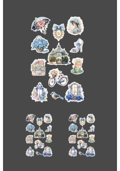 Blue Lady -12 Parçalı - Vintage Mavi Sticker Set -3 Adet- Parlak Kağıt