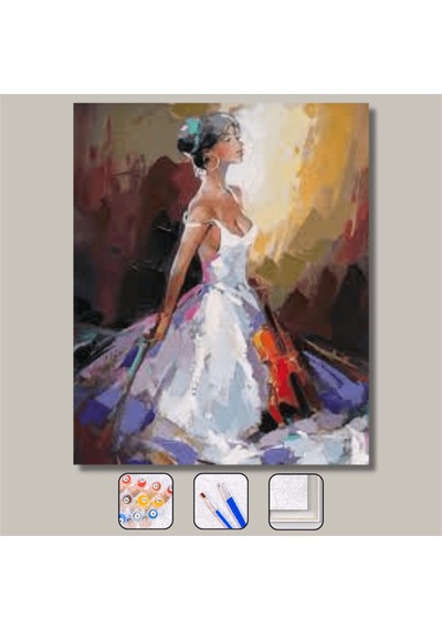 Beyaz Elbiseli Kemancı Sayılarla Boyama Seti - 40x50cm, Çerçeveli
