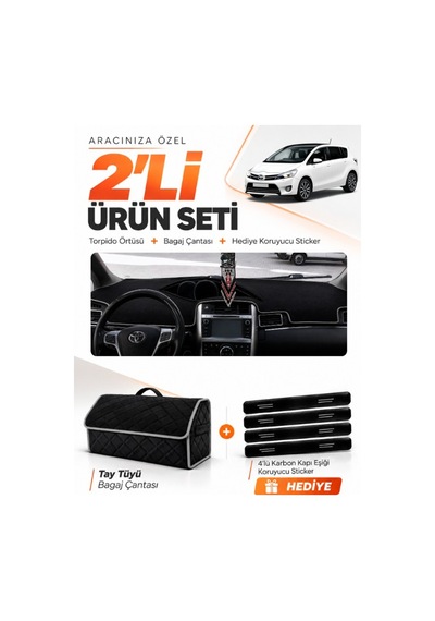 E-biz Toyota Verso 2009-2018 Uyumlu Torpido Örtüsü + Tay Tüyü Bagaj Çantası - Siyah-gri - To024