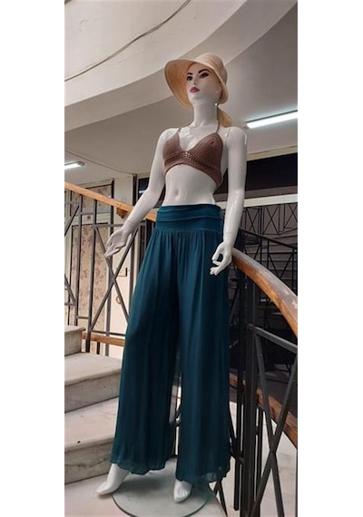 Bohem Stil Italyan Korse Belli Astarlı İpek Pantolon Zümrüt Yeşili