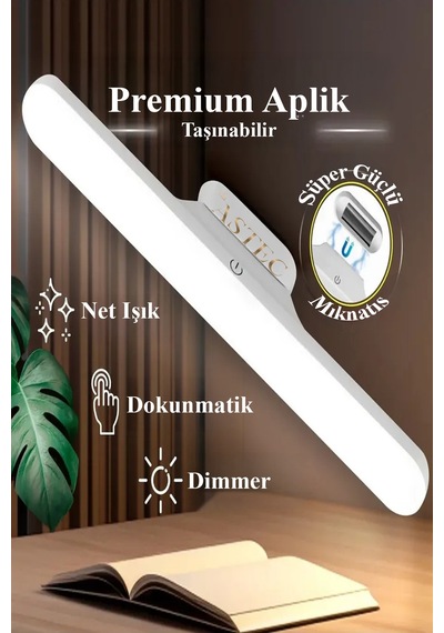Astec Şarjlı Led Işık Dokunmatik Kablosuz Mıknatıslı 3 Renk Işık Dimli Kaliteli Beyaz