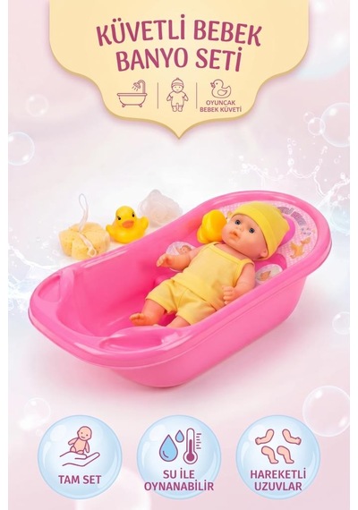 Küvetli Bebek Banyo Seti 25 Cm Oyuncak Bebek Ve Küvet Aksesuarlı Tam Set Sarı